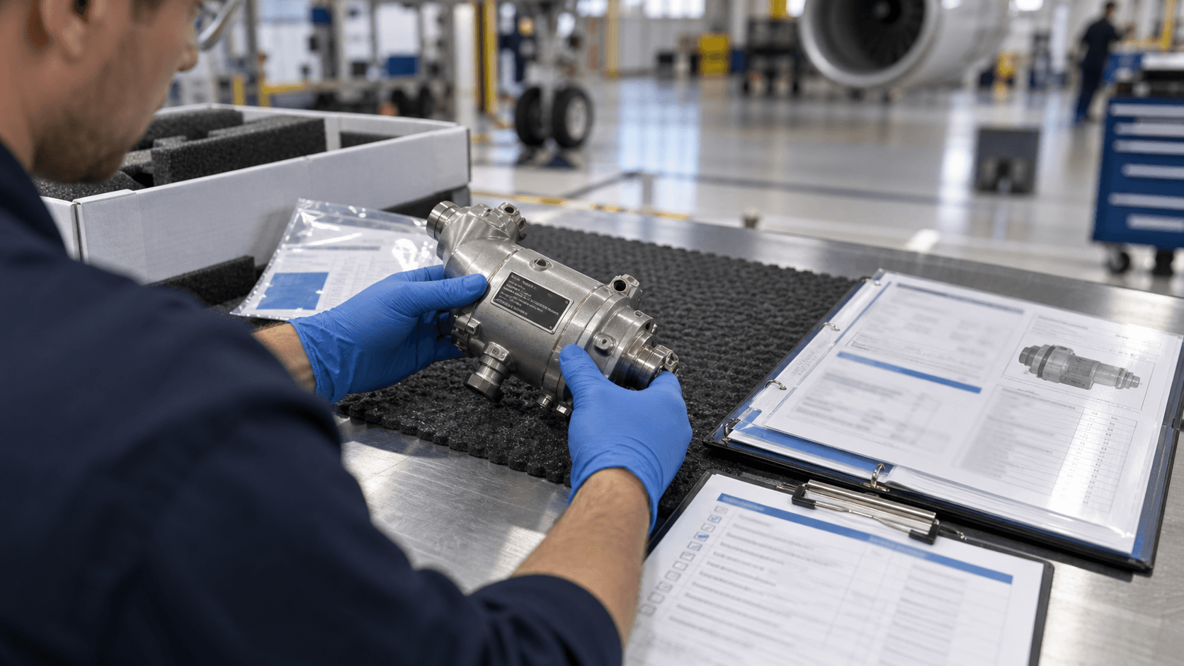 Aviation quality inspector matching an aircraft component to its documentation package