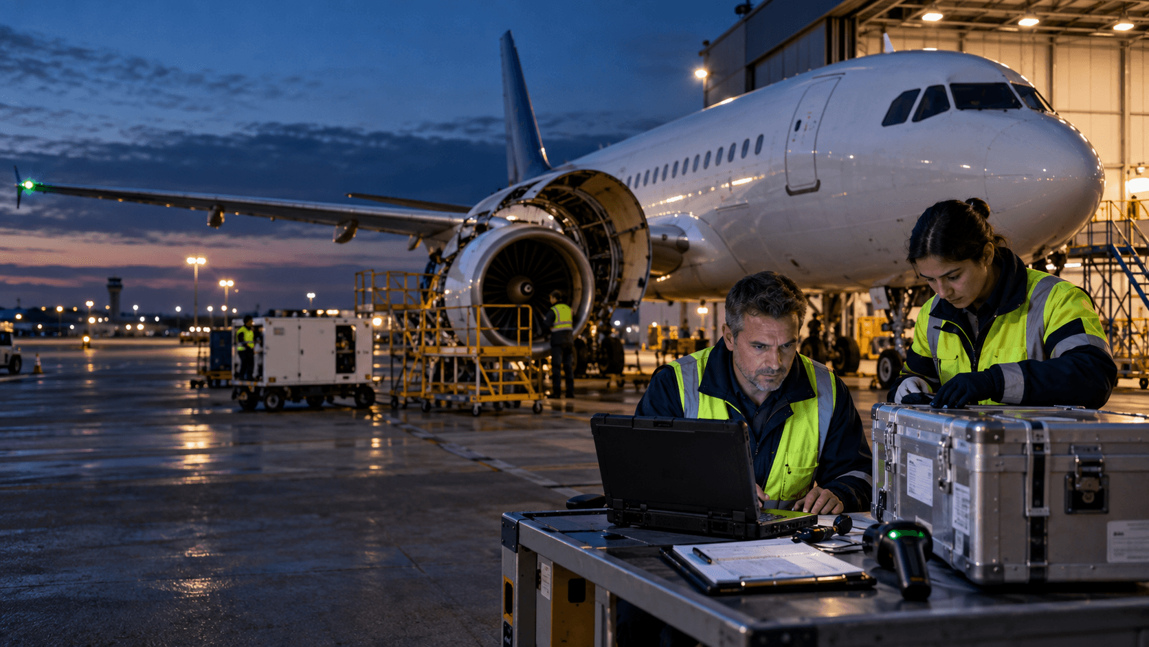 Aviation professionals coordinating an AOG parts response beside a grounded aircraft