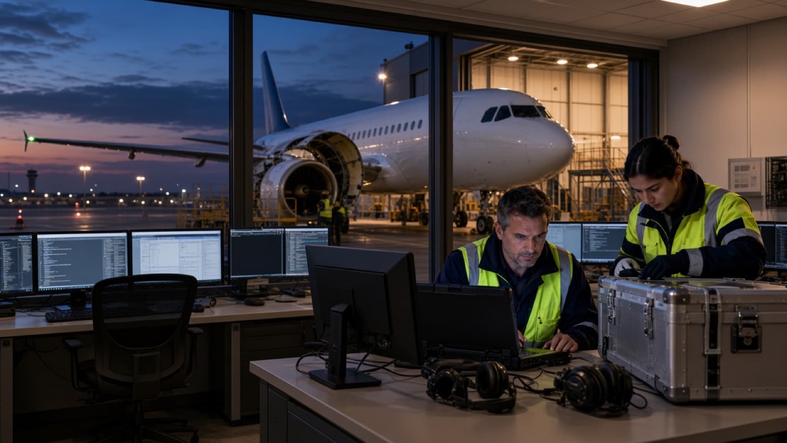 Operations staff at dusk beside a plain aircraft, with a parts case on the desk