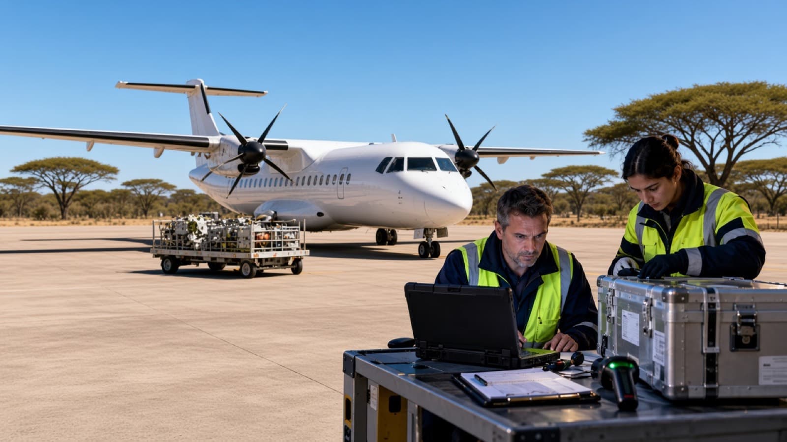 A small unmarked aircraft on a bright apron with a parts trolley nearby