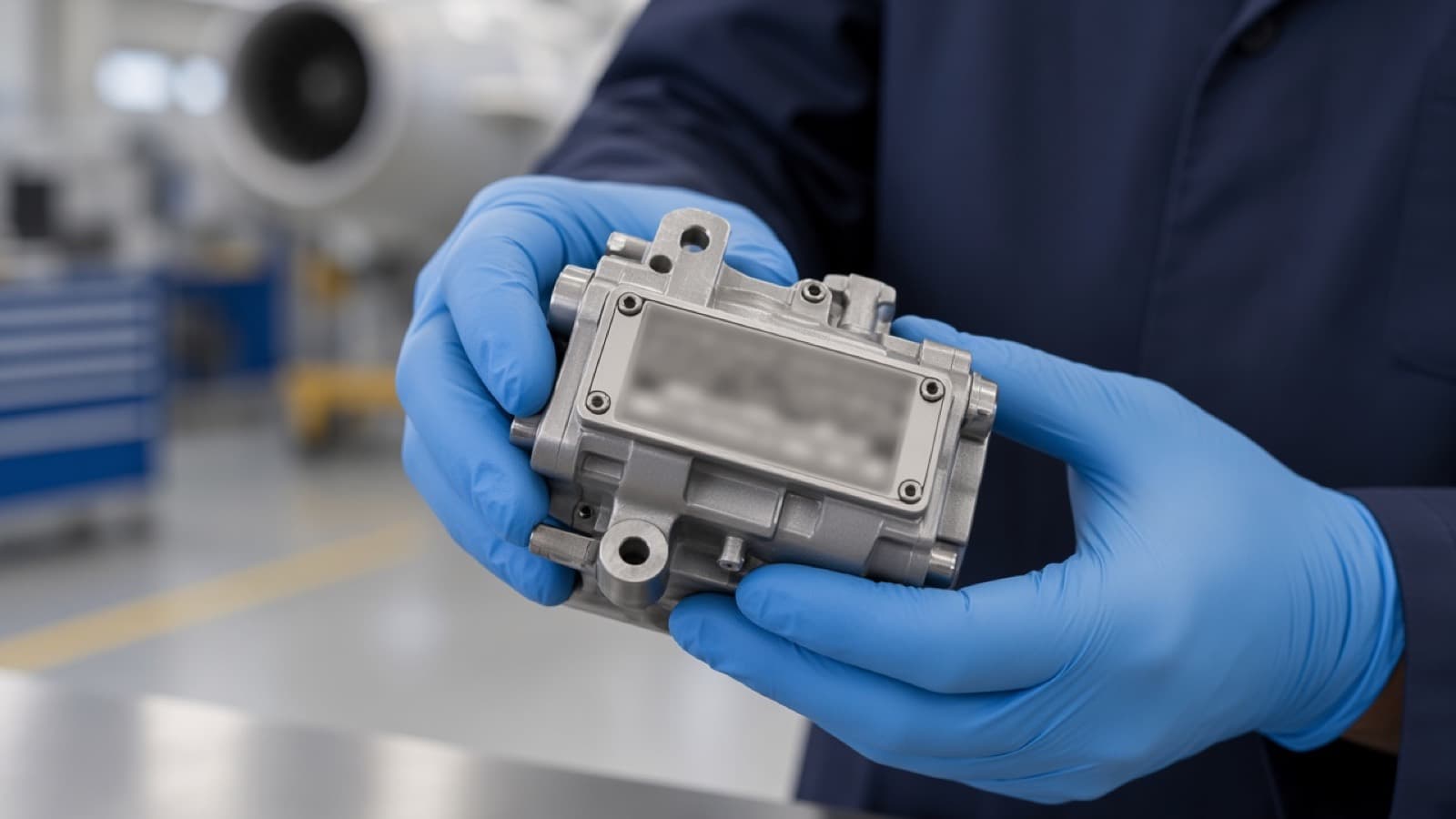 A technician checking the identification plate on an aircraft electrical component