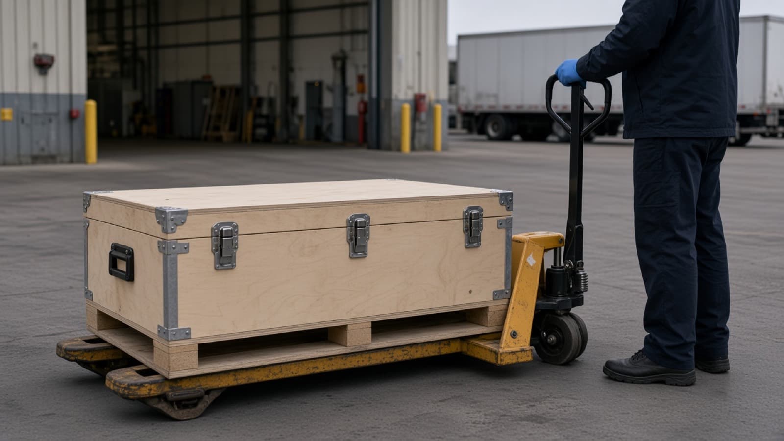 A closed aircraft-part case on a pallet jack at an overcast freight dock