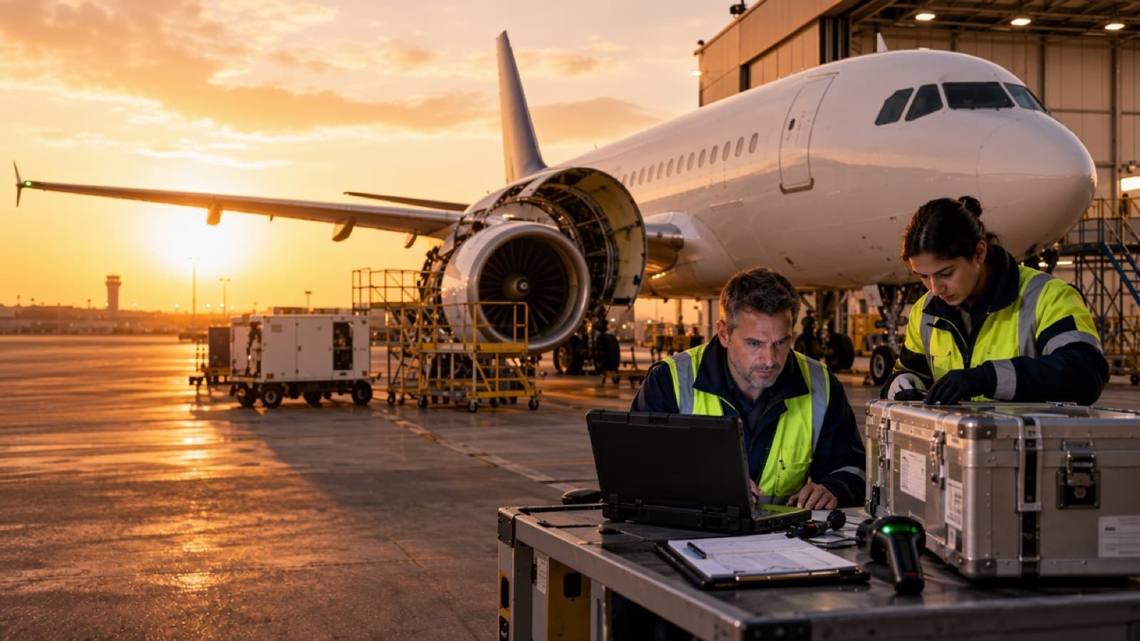 A plain white aircraft on an apron in warm late-afternoon light, with a parts case in the foreground