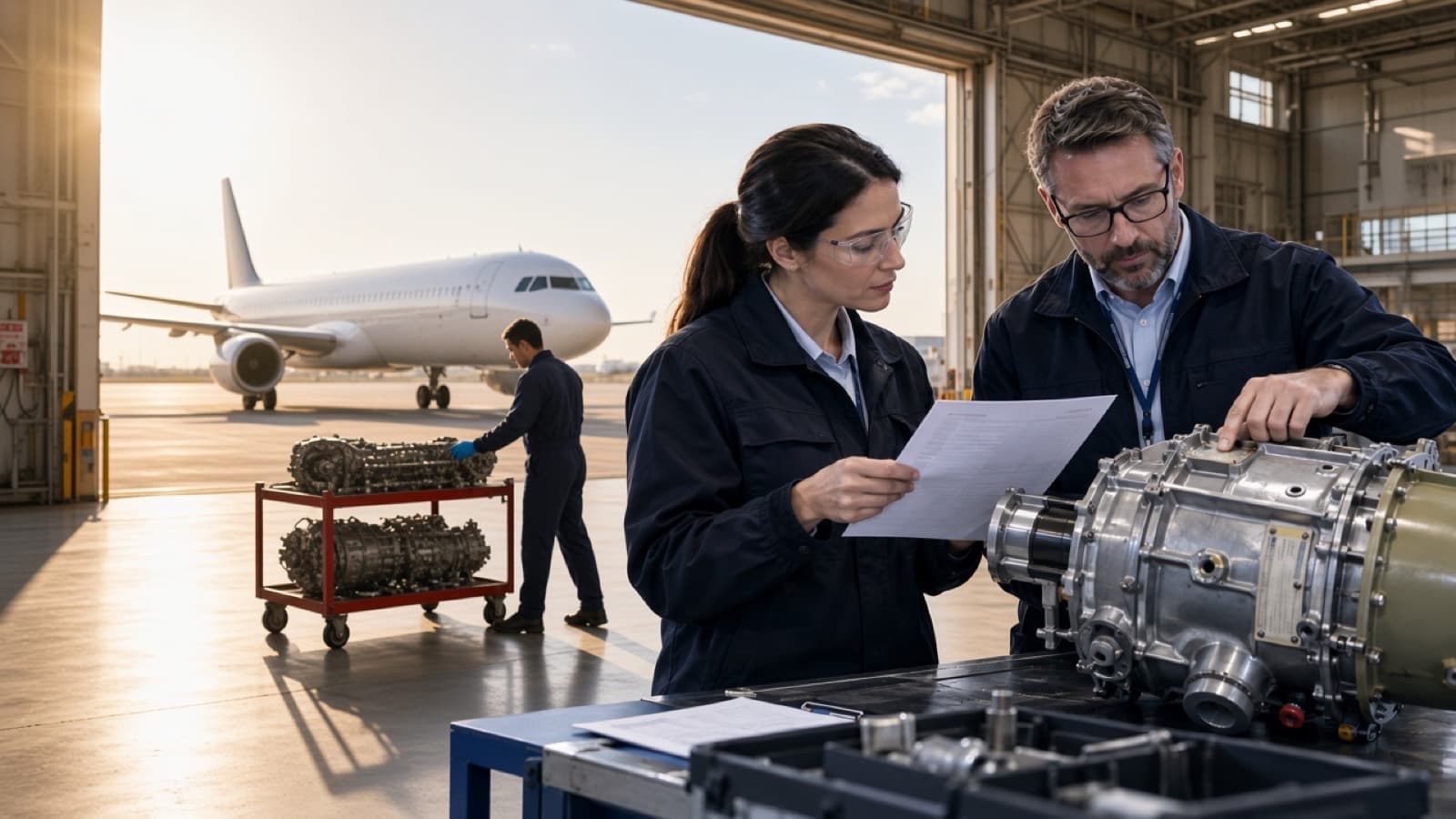 An open hangar door, an unmarked narrow-body aircraft, and a technician with a parts cart