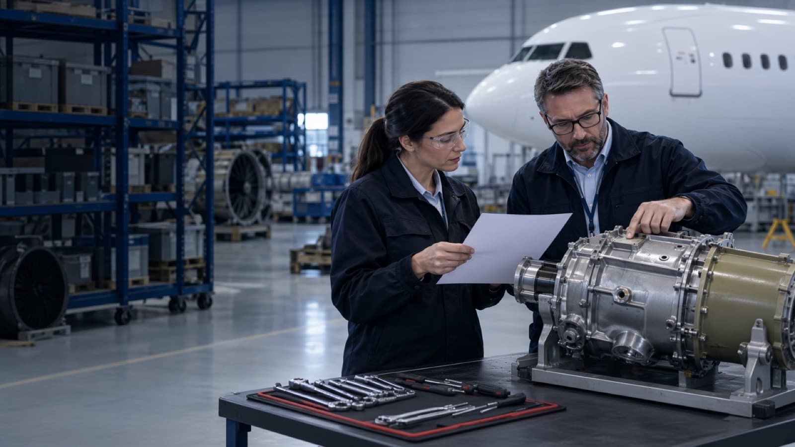 Technicians in an aircraft maintenance shop with a component on a stand