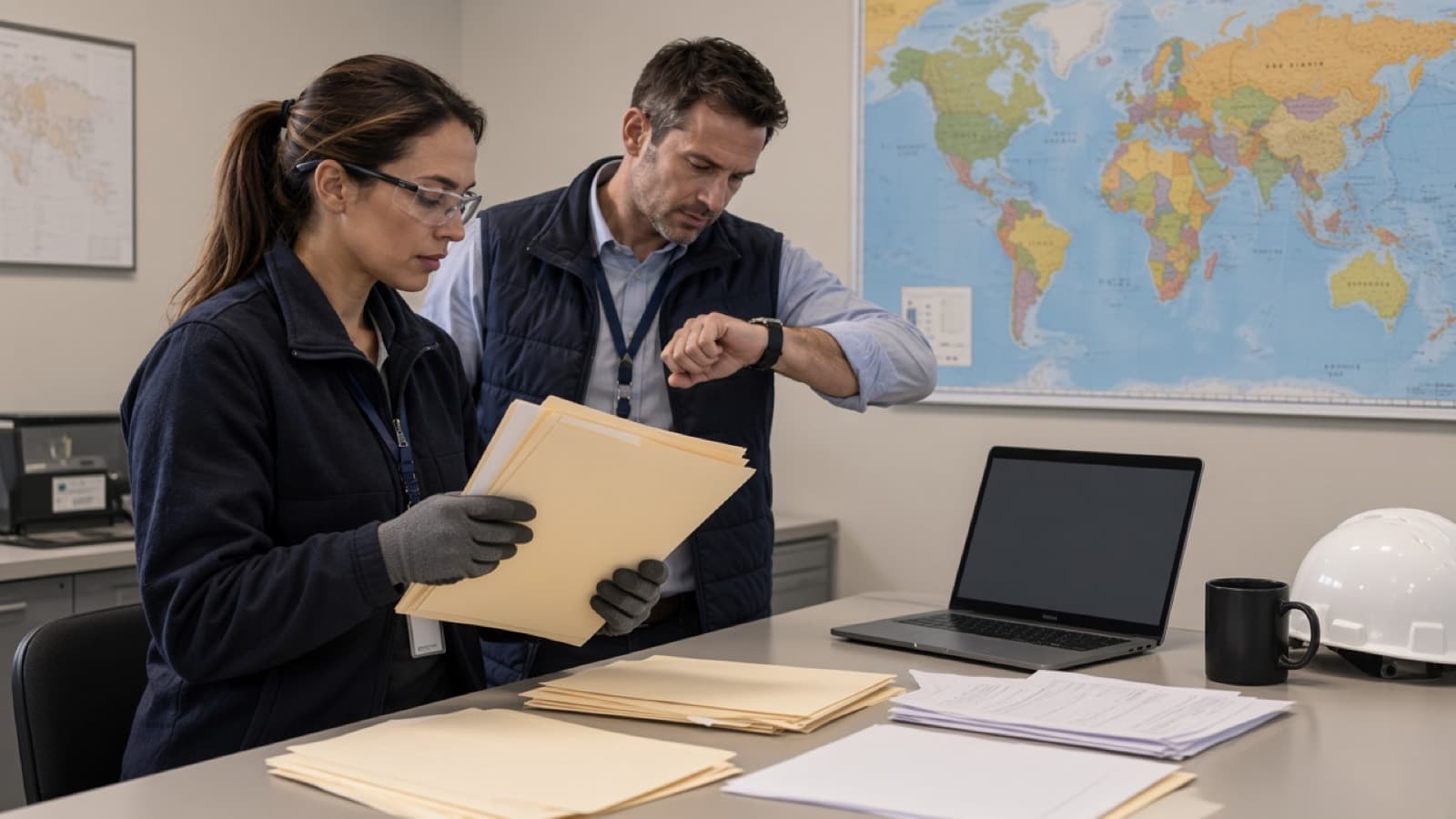 People reviewing plain folders in an operations room, with a wall map out of focus
