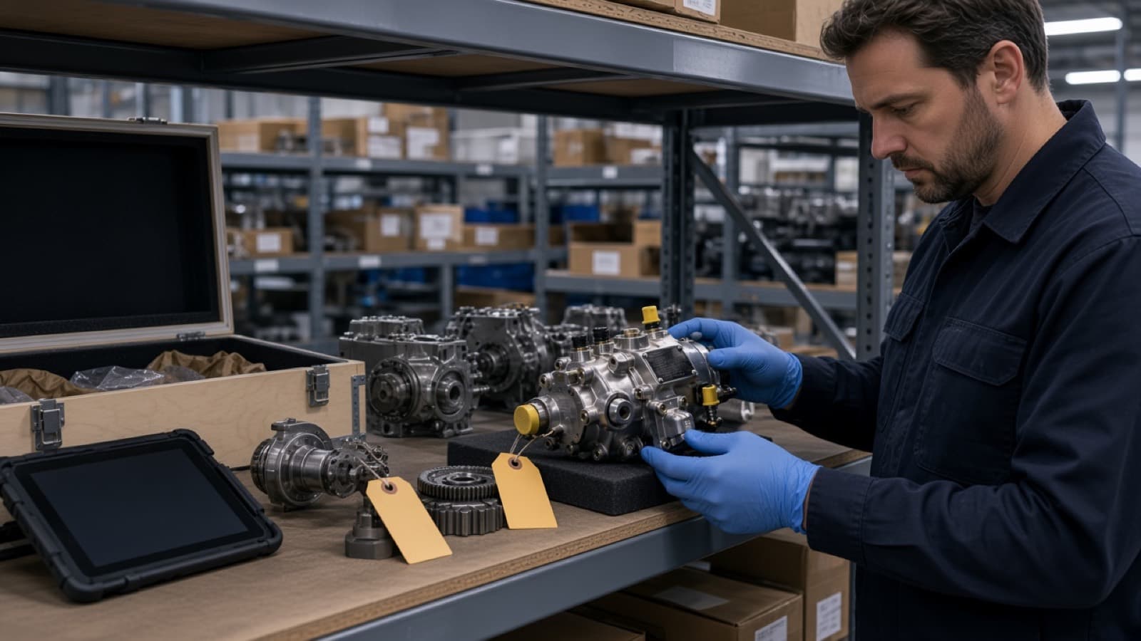 Aircraft parts on a shelf with blank hang-tags while a person inspects one unit