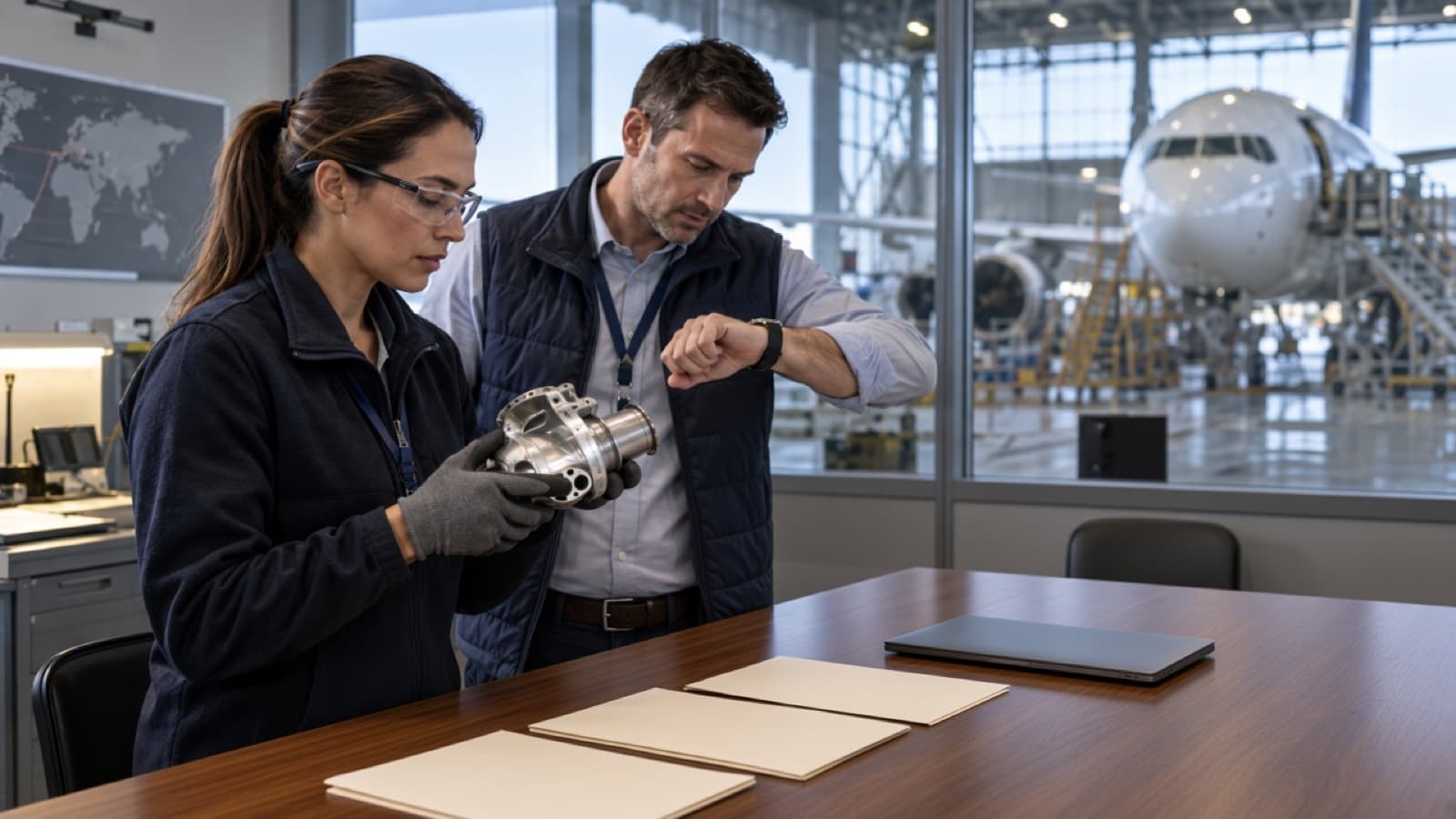 Two people comparing plain folders and an aircraft part at a desk