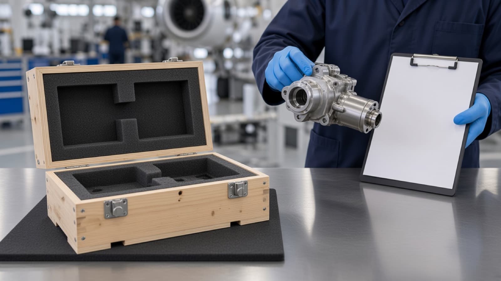 An opened shipping crate and an aircraft component on a receiving bench