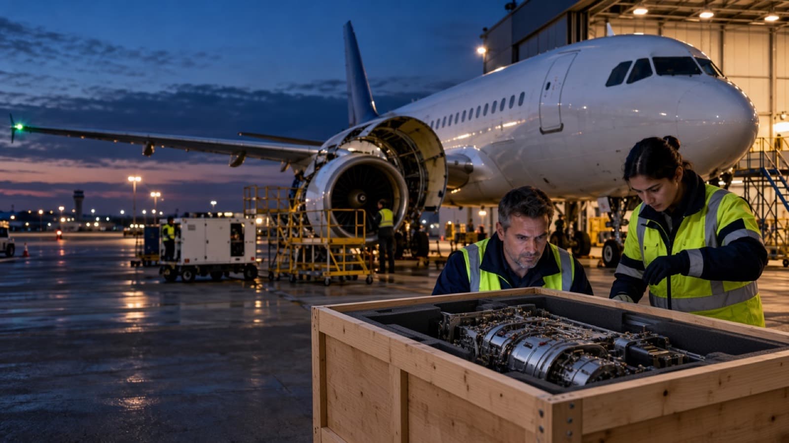 A crated aircraft component on a freight dock at dawn