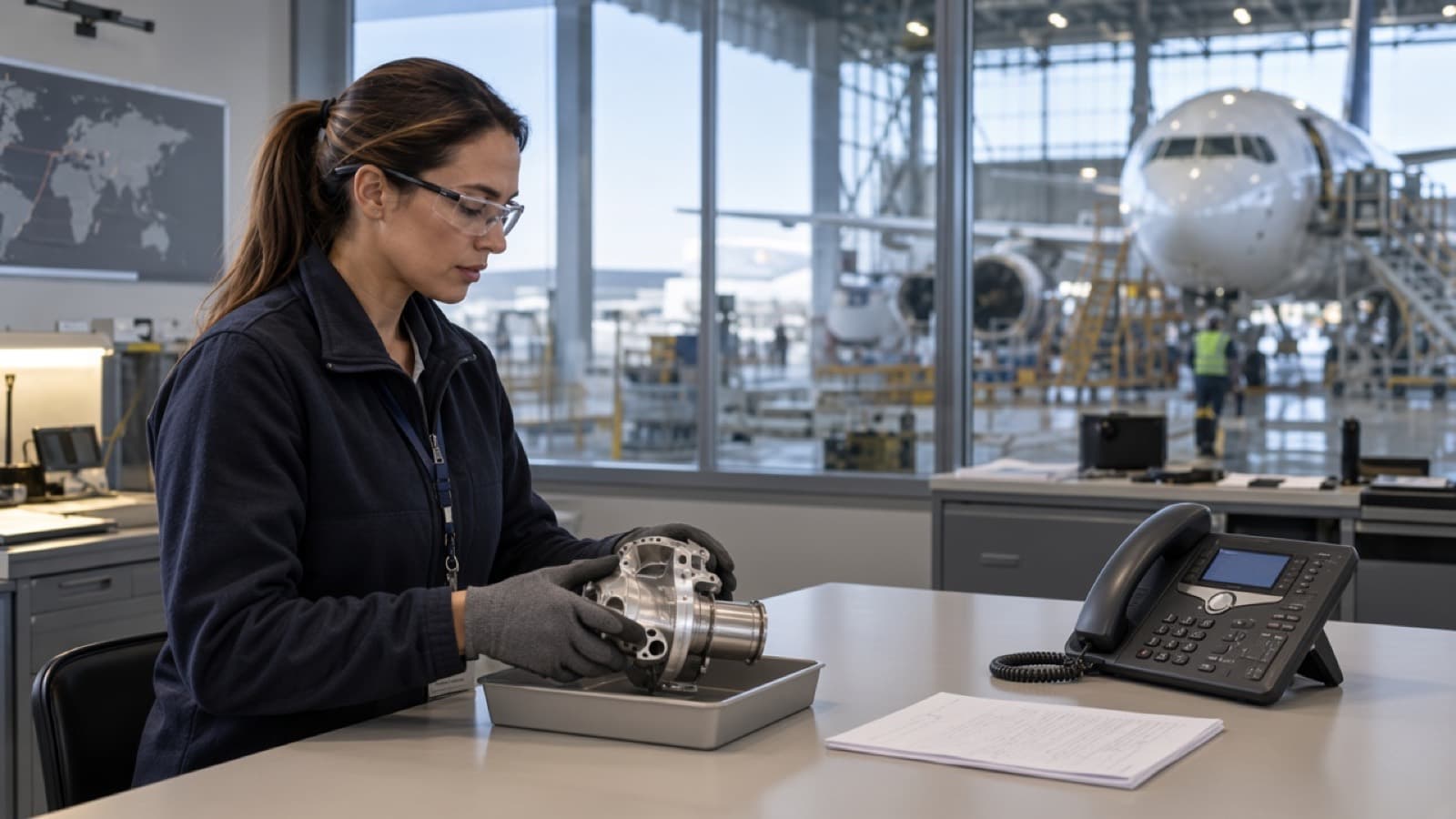 A desk with one blank requirement sheet, a telephone set aside, and an aircraft part in a tray