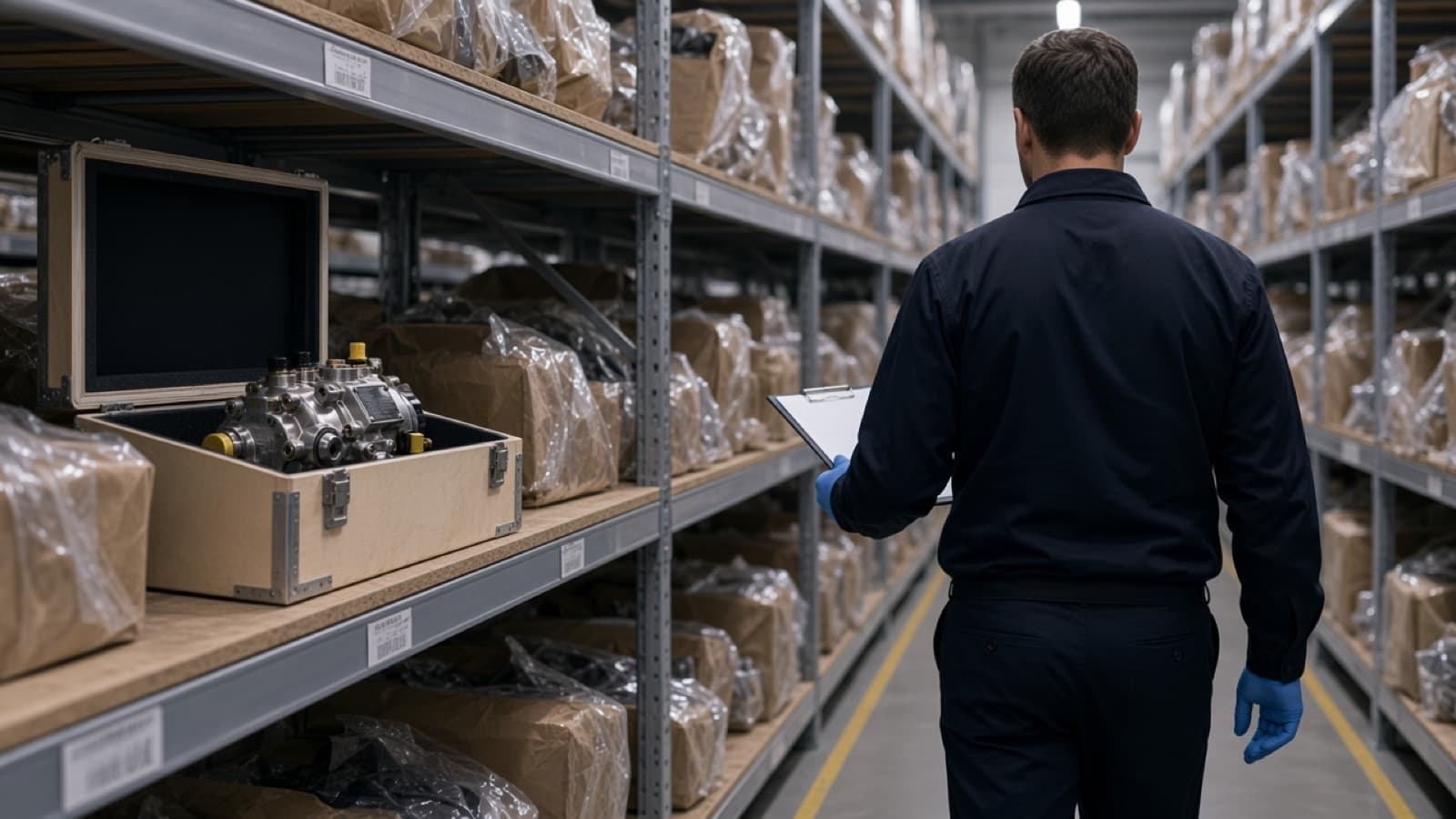 A quiet aisle of stored aircraft components