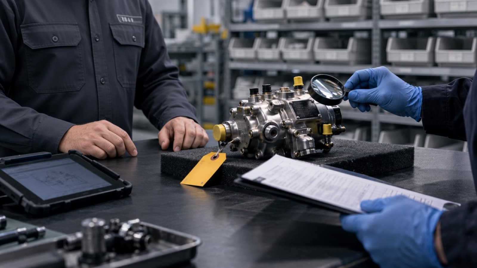 A small stockroom counter where one person is showing a single aircraft part to another