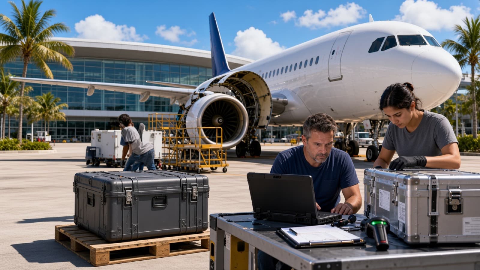 A closed aircraft-part case on a pallet in a bright airport freight area