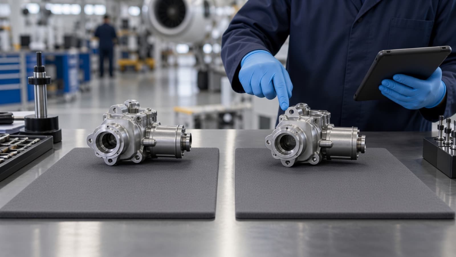 Two similar aircraft components side by side on an inspection cloth