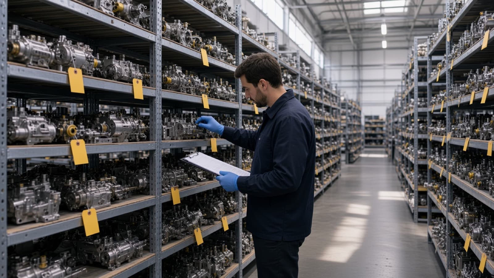 A storeroom aisle of shelved aircraft components with a person reviewing a bin