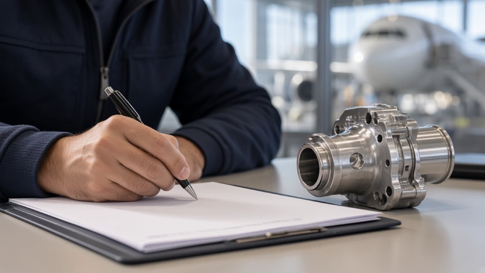 A person writing on a blank page beside an aircraft part
