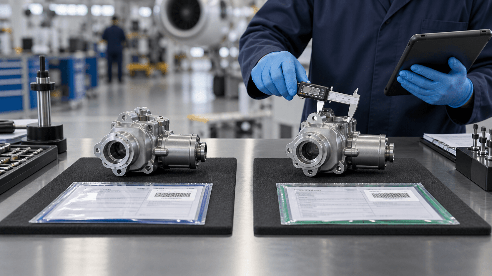 Two aircraft components being objectively compared during inspection