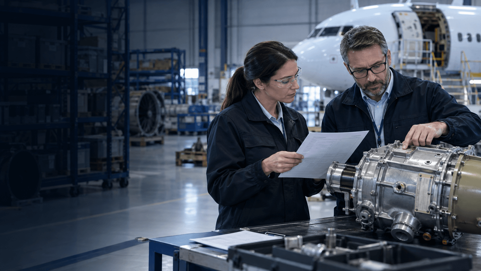 Aviation supply-chain professionals comparing an aircraft component with supporting documentation