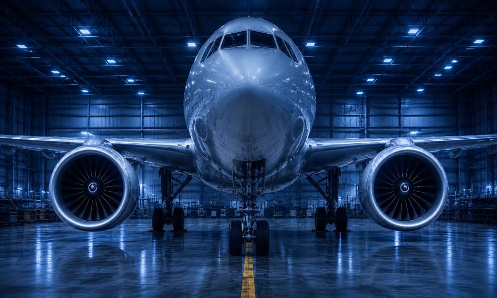 Commercial aircraft in an aviation hangar