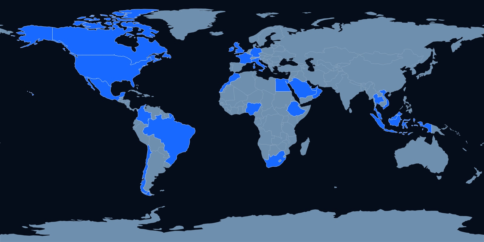 World map of TabAir selected aviation markets